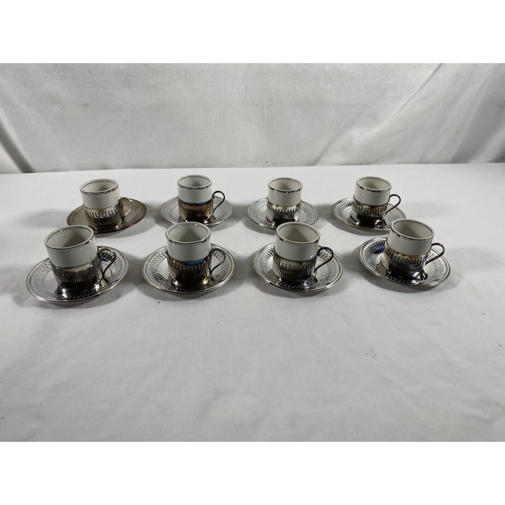 Set of 8 Bellini Silverplate Veracruz Porcelain Espresso Coffee Cups Brazil #377
